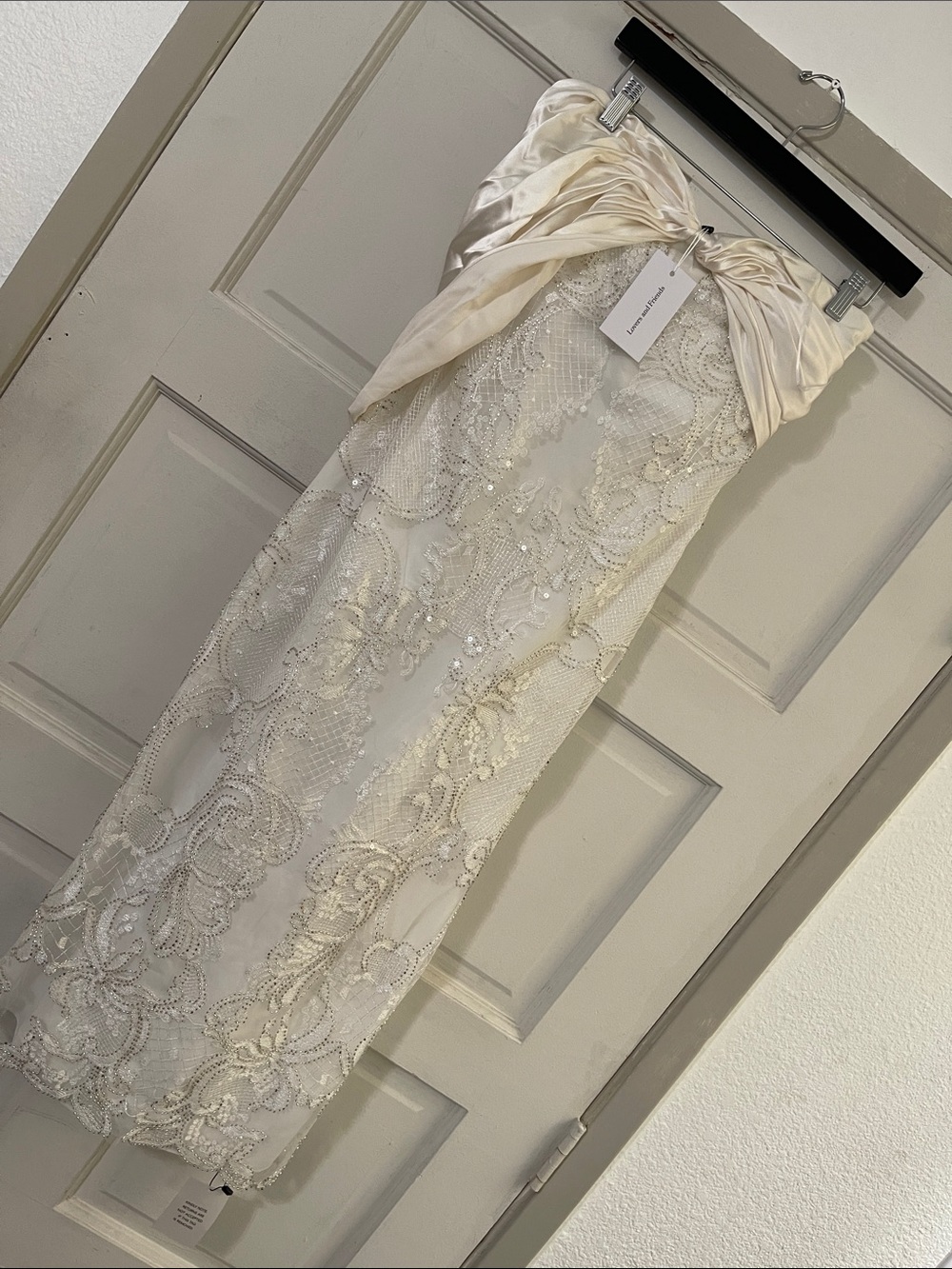 Lovers + Friends Champagne Strapless Beaded Lace Dress